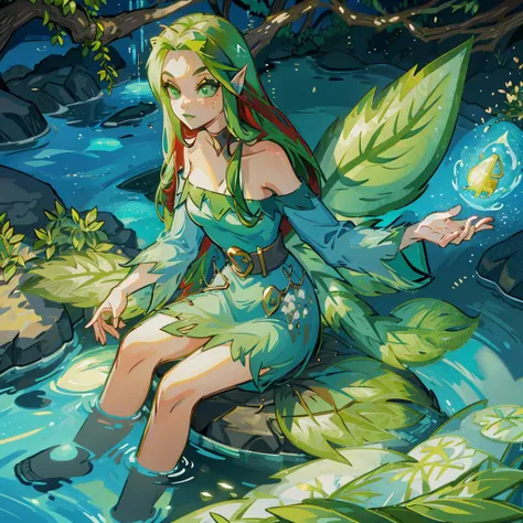 <lora:Illusen-000016> , Illusen, strapless dress, green dress, fairy wings, solo, focus, water, magic forest background, sitting down, fountain