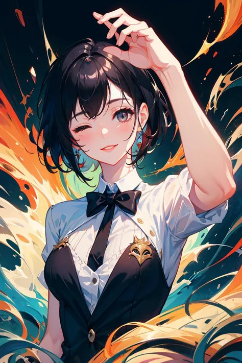 1girl, pov, short hair, reaching out:.9, tuxedo, abstract background, absurdres, masterpiece, one eye closed, adult, medium breasts, light smile, pov hands, photoshop \(medium\), black hair, artstation sample, messy hair, close-up, upper body,
