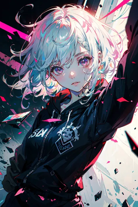 ((best quality, masterpiece, absurbres, super-resolution)), colorful punk, dark room, neon glow, dementor, spirit,
BREAK
(White hair with Peach hightlights), Pink eyes, short messy hair