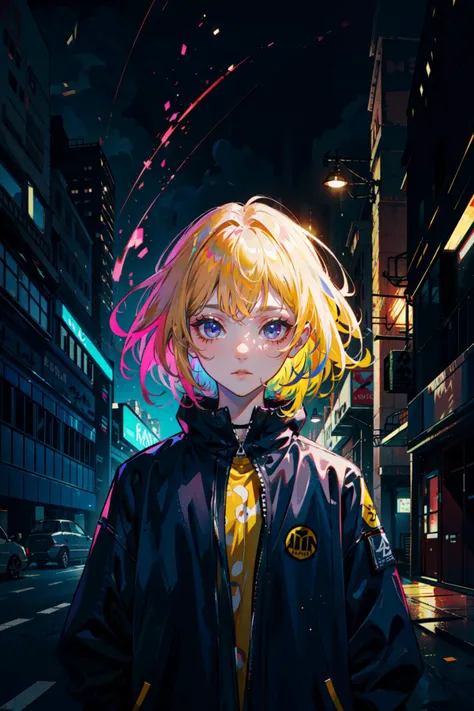 ((best quality, masterpiece, absurbres, super-resolution)), colorful punk, dark room, neon glow, dementor, spirit,
BREAK
(Dark blue and Yellow hair), Pink eyes, short messy hair