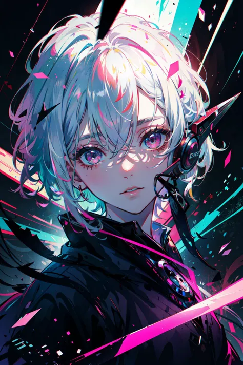 ((best quality, masterpiece, absurbres, super-resolution)), colorful punk, dark room, neon glow, dementor, spirit,
BREAK
(White hair with Peach hightlights), Pink eyes, short messy hair