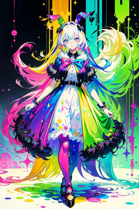 ((best quality, masterpiece, absurdres, super-resolution)) 1girl, bangs, blush, bow, dress, full_body, fur-trimmed_skirt, fur_trim, hair_bow, holding, long_hair, looking_at_viewer, Glitter_background, colorful_bow, pom_pom_\(clothes\), colorful_eyes, purple_background, smile, solo, standing, striped, striped_bow, very_long_hair, white_dress, Pastel_hair, pom pom \(clothes\), cotton ball, bow, decorative balls, stuffing, stuffed bunny, (colorful theme:2.0), (colorful:2.0)