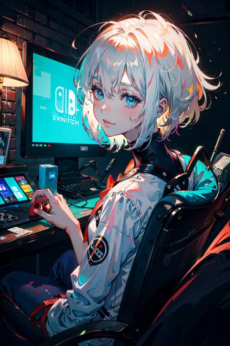 ((best quality, masterpiece, absurbres, super-resolution)), colorful punk, dark bedroom, neon glow, relaxing, nintendo switch
BREAK
(White hair with peach highlights), turquoise eyes, short messy hair, spectacle,