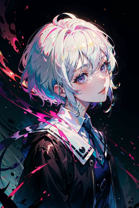 ((best quality, masterpiece, absurbres, super-resolution)), colorful punk, dark room, neon glow, dementor, spirit,
BREAK
(White hair with Peach highlights), Pink eyes, short messy hair