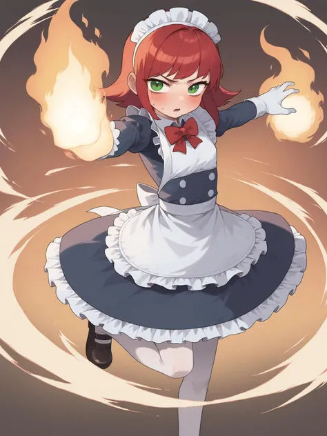 score_9, score_8_up, score_7_up, BREAK, ,<lora:possummachinexl:1.1>possummachine_style
1girl, solo,<lora:AnniePonyTest:0.7> annie \\(league of legends\\), short hair, hairband, green eyes, bangs, red hair,sidelocks, short hair
maid dress, maid, long sleeves, red bow tie, bow tie, maid headdress, maid apron,White gloves with bows, thighhighs, shy, white bow, shoes,
highres, absurdres, a girl standing in a fighting stance, fighting stance, fire, magic, fireball,