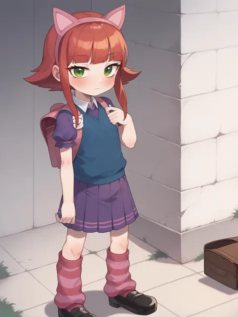 score_9, score_8_up, score_7_up, BREAK, ,<lora:possummachinexl:1.1>possummachine_style
1girl, solo,<lora:AnniePonyTest:1> annie \\(league of legends\\), short hair, fake animal ears, cat ears, hairband, green eyes, bangs, blush, red hair, skirt, short sleeves, juliet sleeves, puffy short sleeves, puffy sleeves, shirt, pleated skirt, striped, socks, kneehighs, loose socks, purple skirt, blunt bangs, striped legwear, sweater vest, argyle, argyle sweater, school uniform, backpack, randoseru, sidelocks, short hair with long locks, shoes, mary janes, leg warmers
standing