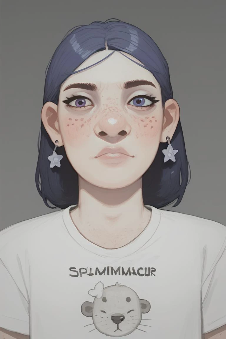 score_9, score_8_up, score_7_up, score_6_up, 1girl, solo, Wild orchid hair, freckles, <lora:lozhkin_pony:0.75> <lora:p_possummachinexl:1> possummachine style