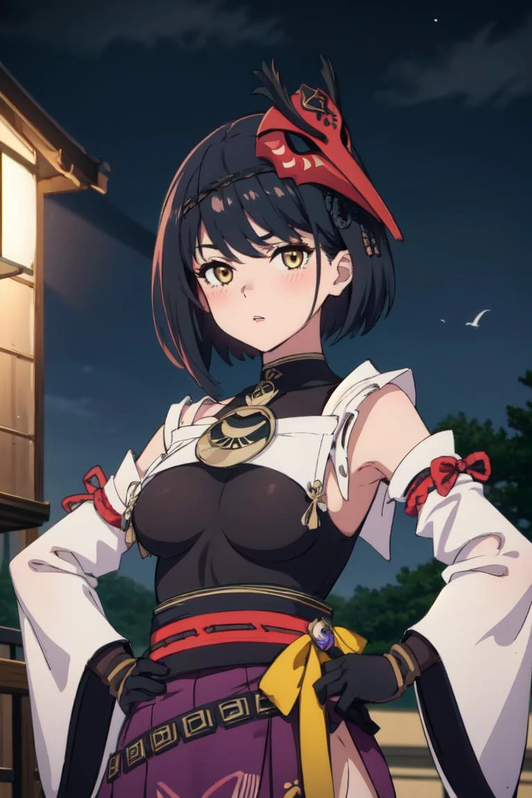 masterpiece, kujousaradef, kujousararnd, closed mouth, looking at camera, outdoors, japan vibes, japan house, night, from below, focus on eyes and breasts, 1girl, mask, gloves, bodysuit, bangs, blush, yellow eyes, mask on head, short hair, looking at viewer, bird mask, black gloves, detached sleeves, black hair, blue hair, black bodysuit, hair between eyes, eyes visible through hair, wide sleeves, hand on hip, flat lips, thick,
<lora:kujousara10_0.95dim32:1>