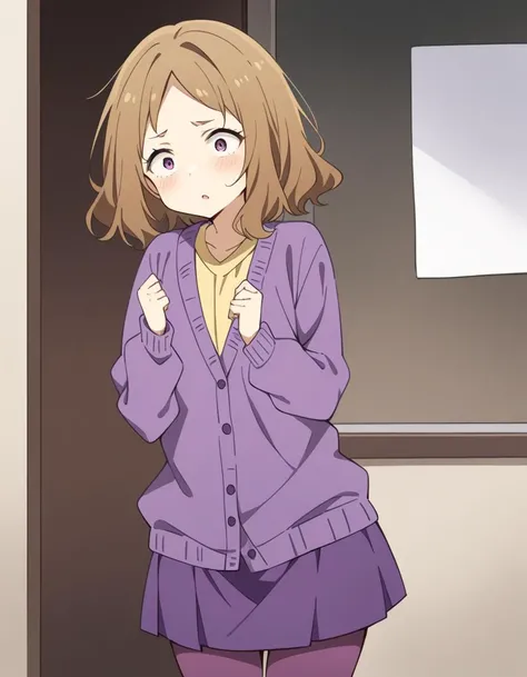 masterpiece, best quality,high quality:0.5, very aesthetic, absurdres, 1girl, cowboy shot, amanatsu sensei, brown hair, purple eyes, short hair, parted bangs, purple cardigan, yellow shirt, long sleeves, purple skirt, purple pantyhose, <lora:amanatsu_sensei_animagineXLV31_Lion_:1>, wide-eyed,