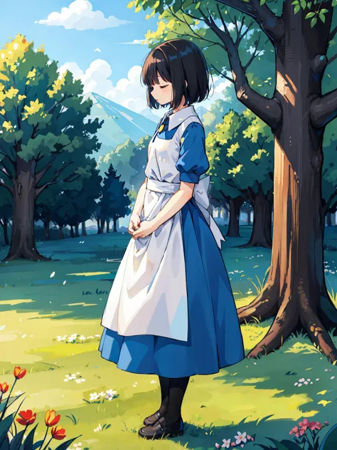 <lora:Aya2.0:0.7>, OlderAya, blue outfit dress, black shoes, white legwear, solo, full body, standing, outdoors, grass, wind, petals, trees, closed eyes, own hands together, short sleeves, black legwear, best quality