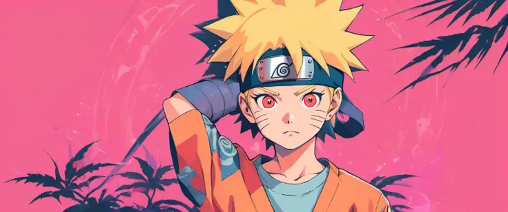 Graphic t-shirt
design, 90s Japanese
retrowave music
summer uzumaki naruto, solid
background.