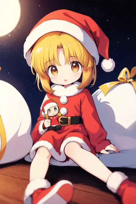<lora:nyannyan:0.8> nyannyan, 1girl, multicolored hair, brown eyes, gold hair,  short hair.  chibi, toddler, a very young child,  
Christmas, SantaClaus, hat, night, starry sky, sitting,
masterpiece, high quality, very_high_resolution, large_filesize, full color,