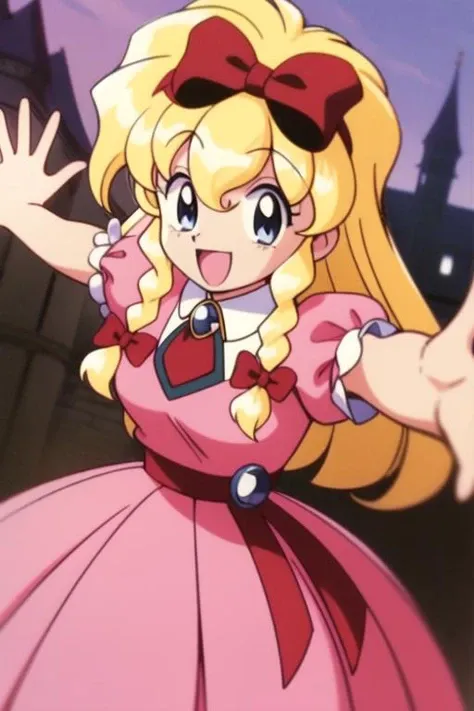 <lora:Maria_Renard:0.9> MariaRenard, 1girl, blonde hair, dress, solo, blue eyes, pink dress, braid, long hair, bow, twin braids, open mouth, hair bow, smile, puffy sleeves, jewelry, short sleeves, puffy short sleeves, red bow, brooch, castle, looking at viewer, hairband, :d, retro artstyle, ribbon, outstretched arms,
masterpiece, high quality, very_high_resolution, large_filesize, full color,ã1990s \(style\), anime, anime_screencap, animated gif, mp4 ,video, animated,
