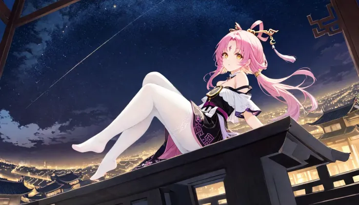 (masterpiece,8k wallpaper, best quality),(best illumination, best shadow, an extremely delicate and beautiful),
pink_hair,hair_rings,yellow_eyes,long_hair,hair_ornament,full body,off-shoulder_shirt,pink_nails,(forehead_mark),
1girl,solo,sitting,starry sky,chinese style background,cityscape,looking_at_viewer,white_pantyhose,cloud patterned legwear,
scp foundation,
<lora:fuxuan:1>,