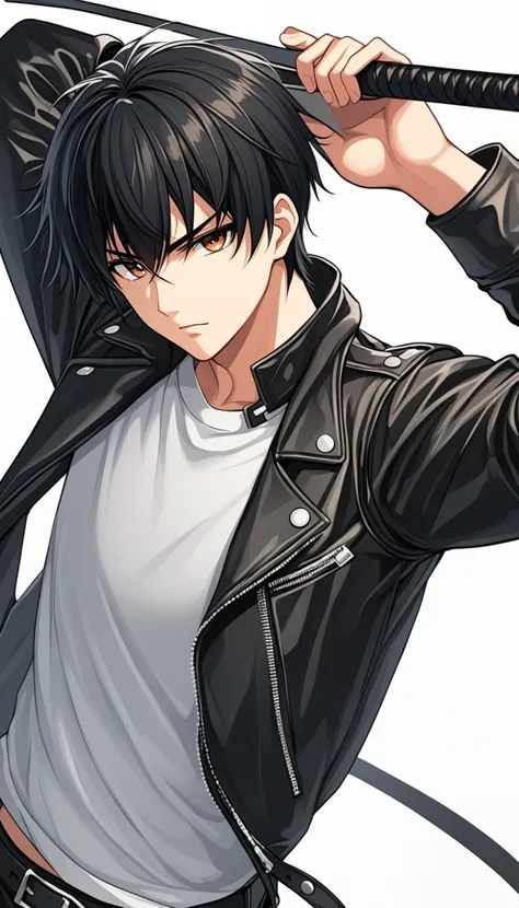 1boy, black hair, white background, short cut hair, leather jacket, tshirt, upper body, detailed shape, detailed line, art of fighting attitude, color manga style