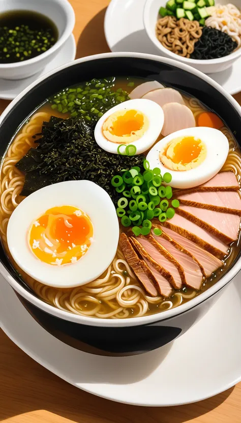 bowl of steaming hot ramen noodles, with a variety of toppings including sliced pork, boiled egg, green onions, and a sheet of nori (dried seaweed). The broth looks rich and flavorful, likely made from a combination of chicken, pork, and dashi.