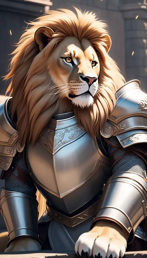 a lion in armor poses for a picture, cinematic close shot