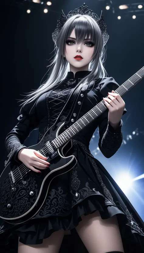 swedish metal rock girl holding a guitar, intense stare into camera, with gothic make-up, intricate details, highly detailed eyes, fancy hair and dark gothic dress, flash photo, on stage, intricate details