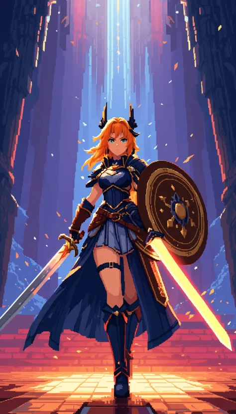 Pixel art of a fierce female warrior with a sword and shield in a fantasy setting, featuring vibrant colors, dynamic lighting, and a dramatic, epic mood