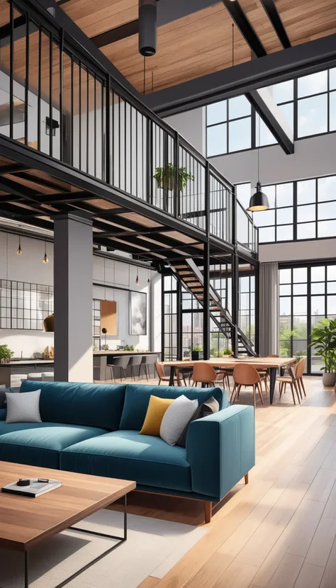 real estate photography style of a modern loft, professional, inviting, well-lit, high-resolution, property-focused, commercial, highly detailed
