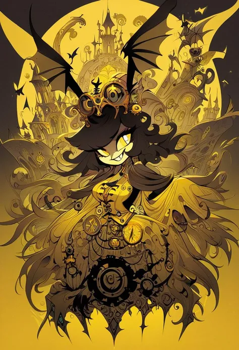 1girl, evil grin, in an vibrant colored enchanted wonderland, magical, whimsical, fantasy art concept, steampunk, intricate details, best quality, masterpiece, ultra sharp, yellow theme background <lora:Hazbin_Style:0.8> HazbinStyle, cartoon character