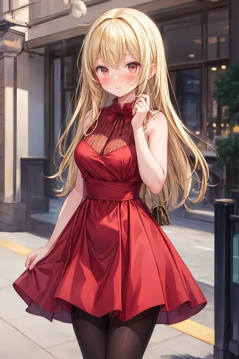 (masterpiece, best quality), 1girl, blonde hair, red dress, pantyhose, cute face, blush, <lora:add_detail:1>