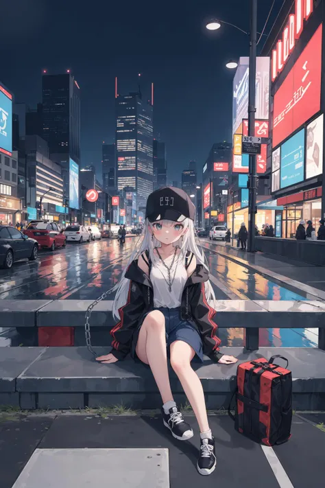 skyscraper, building, city, cityscape, hat, earrings, baseball_cap, 1girl, long_hair, jacket, chain-link_fence, hood, bridge, solo, architecture, shoes, sitting, city_lights, east_asian_architecture, looking_at_viewer, , neonpunkai