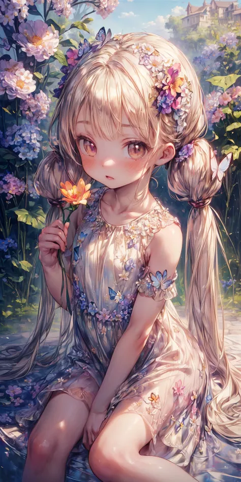 (masterpiece,ultra-detailed,best quality:1.5)(uncensored,mosaic censoring,realstic,illustration,perfect-composition,Clean skin,photographical skin,shiny skin,shiny hair, detailed beautiful face,photographical hair,detailed background,shaved:1.2),<lora:add_detail:1>, (petite girl:2) (twin tails,long hair:1.4),straight hair, <lora:unhorny_v01:3>  <lora:butterfly:0.3> (butterfly style,butterfly:1.2),(flower,flower dress:1.6),