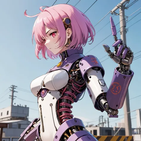 Anime girl with pink hair and purple gloves holding a gun - SeaArt AI