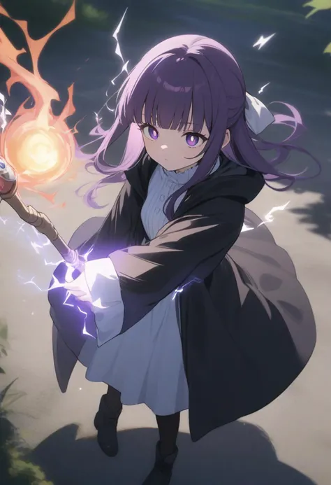 1girl, fern \(sousou no frieren\), sousou no frieren, purple hair, solo, purple eyes, bangs, grass, outdoors, hair ribbon, short hair, holding, eyebrows visible through hair,(holding staff, holding wand, staff:1.5), cloak, dress, long sleeves, closed mouth, bright pupils, blunt bangs, hair bow, day, standing, white pupils, path, expressionless, black cloak, road, hood, black robe, black footwear, robe, younger, kneeling, shadow, hood down, sleeves past wrists, hooded cloak, white dress, black coat, shiny hair, v arms, child, black cape, bush, looking up, coat, cape, black dress, from above, hooded robe, plant, bob cut, shiny, black jacket, dirt road, sleeves past fingers, sunlight, nature, dirt, shoes, wide sleeves, dot nose, medium hair, turtleneck, leaf, white sweater, on ground, boots, pantyhose, shade, jacket, skirt, long dress, hair ornament, long hair, white shirt, dirty, black legwear, glowing eyes,
(magic girl, magic, electricity, electrokinesis, pyrokinesis, casting spell:1.8), (dynamic pose, dynamic angle:1.5), (face focus, cowboy shot, close-up face, backlight:1.2), perfect features, intricate details, ray tracing, depth of field, ultra resolution image, (very aesthetic, newest, best quality, masterpiece:1.5), ((Illustrate a translucent watercolor painting, with delicate washes of color, subtle blending, and an airy, dreamlike quality.), (sketch, outline, lineart:1.1), (oekaki, tegaki, backlight:1.2),:0)