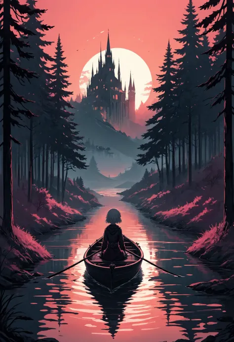 detailed (anime artwork:1.2) of a cute woman sitting in a boat in a quiet river, an ornate gothic castle with a tall bridge is in the distance. A pale sun in a red sky lights the silhouette of pine trees. monochromeatic pink. high contrast. textured. gothic graphic art