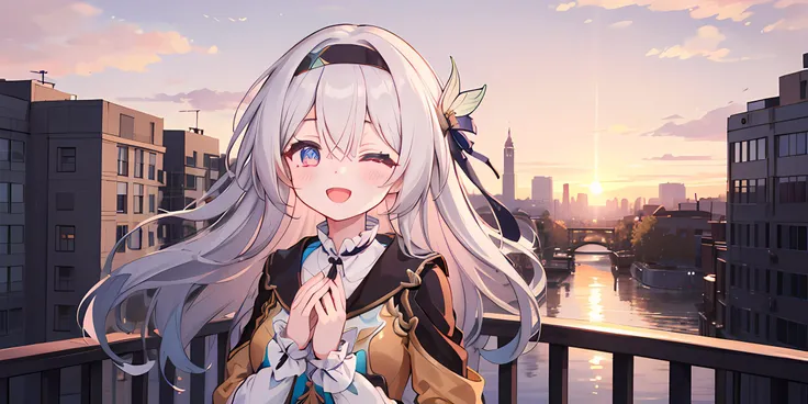 masterpiece, best quality,((ultra detailed)),(1girl),solo,beautiful illustration,beautiful detailed eyes, (wallpaper),intrinsic lighting,\fireflydef, jacket, dress\,bow,hairband,hair ornament,\sunset with pink sky,balcony\,closed eyes,clapping,:d, tilted head, in love with viewer,\ floating hair, cute face, kawaii <lora:Firefly-1024-v2.5:0.8>