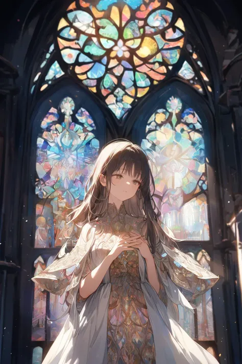 1girl, church, stained glass, in a glowing dress, fantastical, illuminated, serene, majestic, colorful, reflective, ethereal, spiritual, tranquil, vibrant, intricate, patterned, ornate, mystical, elegant, shimmering, radiant, graceful, peaceful, historic, sacred, artistic, dreamy, whimsical, solemn, enchanting, divine
