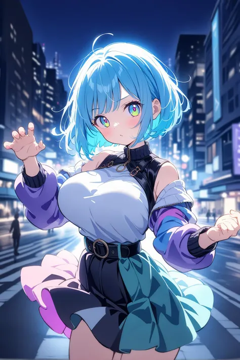1girl, beautiful girl, anime, pastel ink, short hair, bob cut, blue hair, expressive eyes, fashionable outfit, large breasts, cityscape, nighttime, soft lights, street fashion, energetic pose, dramatic lighting, high contrast, vibrant colors, detailed background, <lora:Envy Dramatic Portrait XL 02 v1.0:0.7> <lora:marker:0.7>
