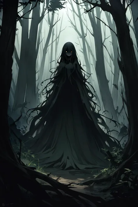 (1girl:1.2), forested, demonic, residence, rumored, mystical, woodland, shadowy, enigmatic, secluded, whispered, legends, haunting, eerie, ancient, spirits, hidden, nature, mysterious, untamed, darkness, fearful, mythical, intriguing, solitary, wild, supernatural, ethereal, ominous