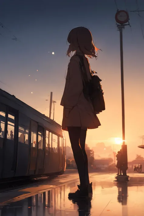 (1girl:1.4), solo, sunset, train station platform, in uniform waiting, tranquil, glowing, evening, reflective, serene, sky, daily life, anticipation, public transport, fleeting, momentary, youthful, stillness, orange hues, silhouetted, peaceful, routine, departure, arrival, contemplative, solitude, vibrant, nostalgic, patient, observant
