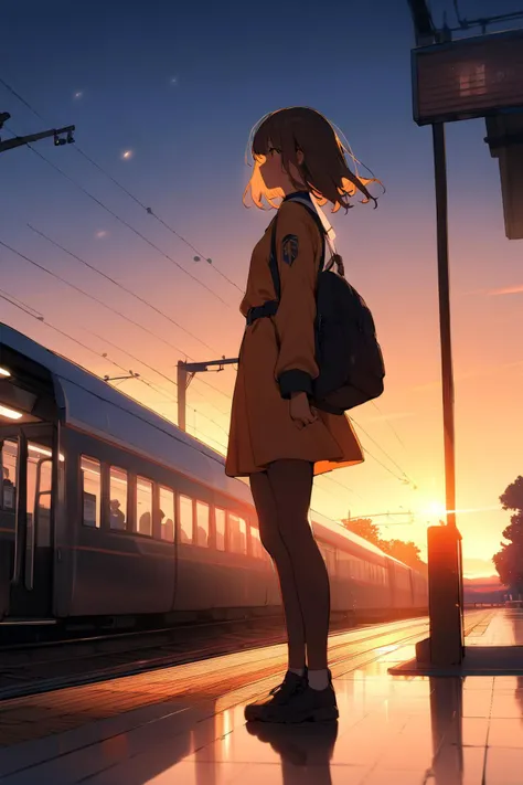 (1girl:1.4), solo, sunset, train station platform, in uniform waiting, tranquil, glowing, evening, reflective, serene, sky, daily life, anticipation, public transport, fleeting, momentary, youthful, stillness, orange hues, silhouetted, peaceful, routine, departure, arrival, contemplative, solitude, vibrant, nostalgic, patient, observant