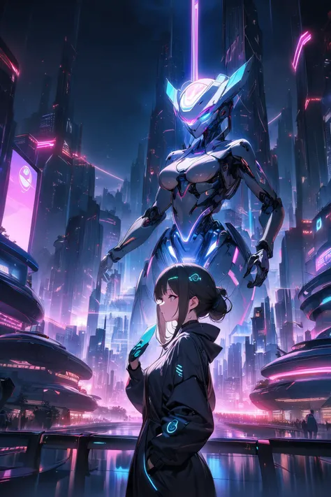 (1girl:1.2), futuristic, city, skyscrapers, artificial intelligence, dominated, advanced, urban, high-tech, sophisticated, innovative, cybernetic, metropolis, towering, gleaming, AI-controlled, progressive, skyline, modern, robotic, automated, digital, networked, intelligent, streamlined, neon-lit, dazzling, interactive, integrated, dynamic