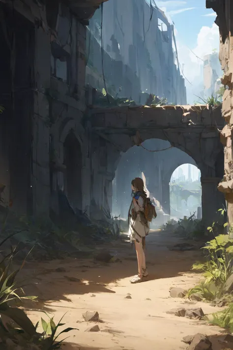 (1girl:1.8), (explorer), solo, upper body, ancient, civilization, ruins, emerged, wilderness, hidden, secrets, mysterious, discovery, abandoned, historic, archaeological, deserted, sands