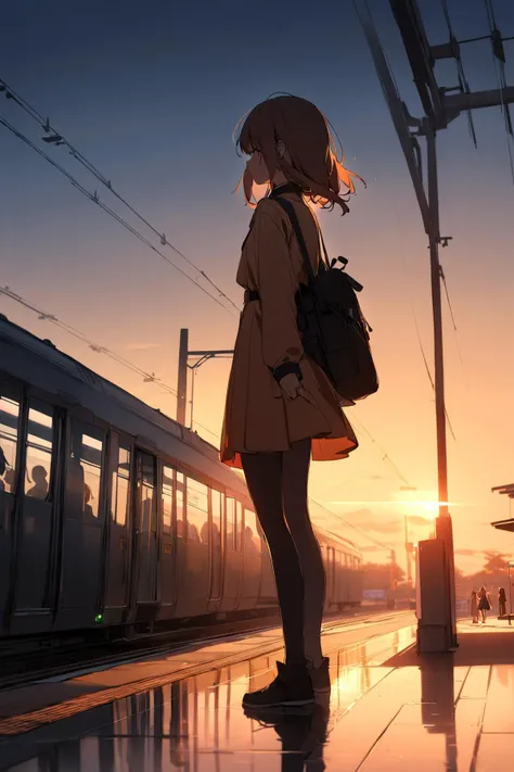 (1girl:1.4), solo, sunset, train station platform, in uniform waiting, tranquil, glowing, evening, reflective, serene, sky, daily life, anticipation, public transport, fleeting, momentary, youthful, stillness, orange hues, silhouetted, peaceful, routine, departure, arrival, contemplative, solitude, vibrant, nostalgic, patient, observant