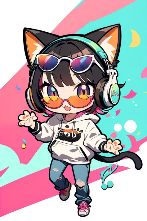 (cat:1.4), (chibi:1.2), solo, funky, sunglasses, headphones, hoodie, jeans, stylish, cool, casual, urban, trendy, playful, musical, relaxed, modern, hip, groovy, animated, vibrant, streetwear, laid-back, rhythmic, youthful, dynamic, spirited, expressive, fashionable, sleek, whimsical, energetic, charismatic