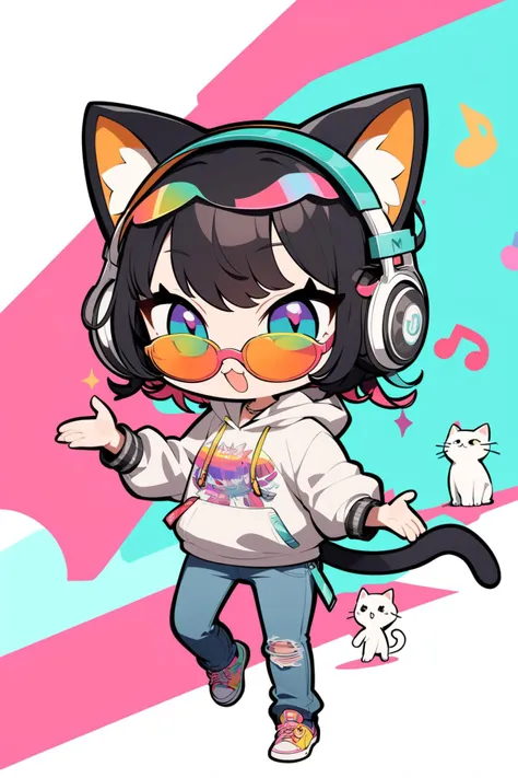 (cat:1.4), (chibi:1.2), solo, funky, sunglasses, headphones, hoodie, jeans, stylish, cool, casual, urban, trendy, playful, musical, relaxed, modern, hip, groovy, animated, vibrant, streetwear, laid-back, rhythmic, youthful, dynamic, spirited, expressive, fashionable, sleek, whimsical, energetic, charismatic