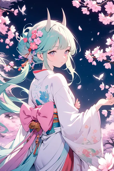 horned, 1girl, solo, kimono, blooming, cherry blossoms, traditional, Japanese, elegant, peaceful, spring, pink, white, floral, delicate, serene, nature, culture, fashion, youthful, graceful, ornate, stylized, vibrant, pastel, ethereal, whimsical, fantasy, mythical, enchanting, tranquil, night