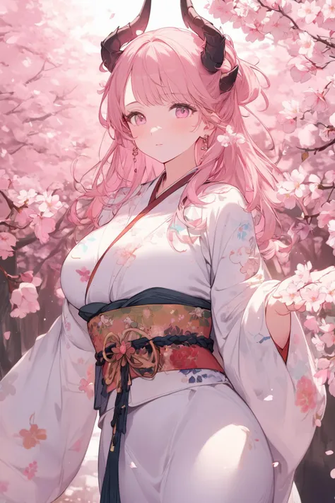 (1girl, kimono), horned, blooming, cherry blossoms, big breasts, traditional, Japanese, elegant, peaceful, spring, pink, white, floral, delicate, serene, nature, culture, fashion, youthful, graceful, ornate, stylized, vibrant, pastel, ethereal, whimsical, fantasy, mythical, enchanting, tranquil, before dawn