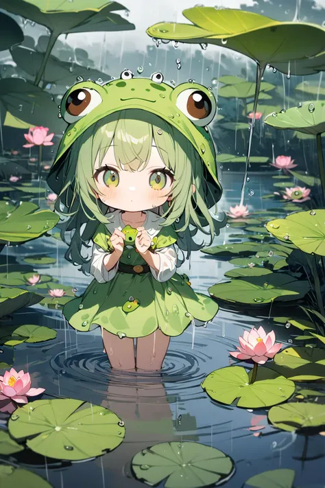 (1girl:1.4), (with frog hat:1.2), chibi, raining, lotus leaves, pond, solo, playful, serene, whimsical, reflective, green, tranquil, fresh, damp, vibrant, natural, peaceful, charming, youthful, imaginative, sheltered, splashing, misty, overcast, flourishing, lively, soothing, waterlogged, dreamy, enchanting, sprightly