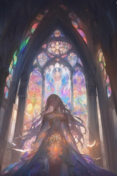 1girl, church, stained glass, in a glowing dress, fantastical, illuminated, serene, majestic, colorful, reflective, ethereal, spiritual, tranquil, vibrant, intricate, patterned, ornate, mystical, elegant, shimmering, radiant, graceful, peaceful, historic, sacred, artistic, dreamy, whimsical, solemn, enchanting, divine