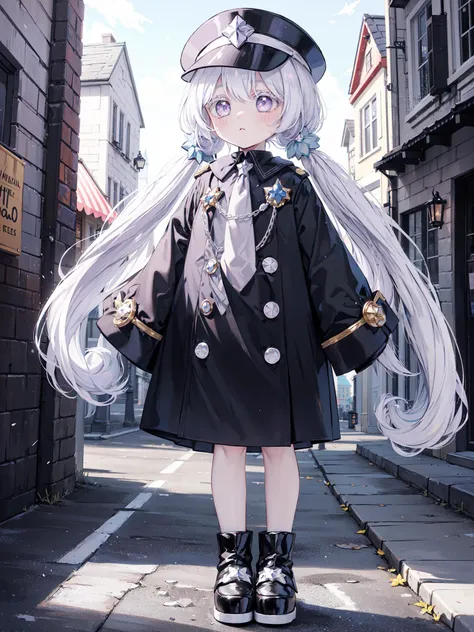 <lora:Milky:0.75>, MilWaC, 1girl, very long hair, hair ornament, low twintails, purple eyes, white hair, sleeves past fingers, peaked cap, black coat, very long sleeves, full body, white necktie, outdoors, day, town, street, looking away, black boots, <lora:colored_eyelashes000:1> colored eyelashes, sleeves past wrists,