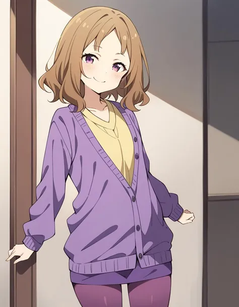 masterpiece, best quality,high quality:0.5, very aesthetic, absurdres, 1girl, cowboy shot, amanatsu sensei, brown hair, purple eyes, short hair, parted bangs, purple cardigan, yellow shirt, long sleeves, purple skirt, purple pantyhose, <lora:amanatsu_sensei_animagineXLV31_Lion_:1>, smile,