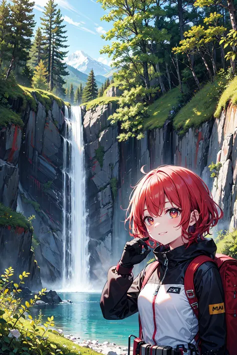 (best quality:1.2), (masterpiece:1.2), high quality shadow, beautiful detailed, (high detailed skin, skin details), 
wide_shot, ray tracing, Alpine mountain ranges, (coniferous forest:1.1), waterfalls, lakes, spectacular scenery, 
1 girl, solo, [tiny:medium:0.7] breasts, beautiful red eyes, ruby textured pupils, (smiley and round eyes), pale red hair, (short hair), (wavy hair ends), 
mountaineer, hiking, day packs, camp, reach the summit, climbing equipment, jacket, tunic, gloves, climbing boots, climbing trousers, looking_afar