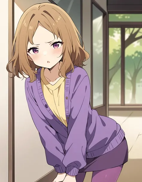masterpiece, best quality,high quality:0.5, very aesthetic, absurdres, 1girl, cowboy shot, amanatsu sensei, brown hair, purple eyes, short hair, parted bangs, purple cardigan, yellow shirt, long sleeves, purple skirt, purple pantyhose, <lora:amanatsu_sensei_animagineXLV31_Lion_:1>, sprise